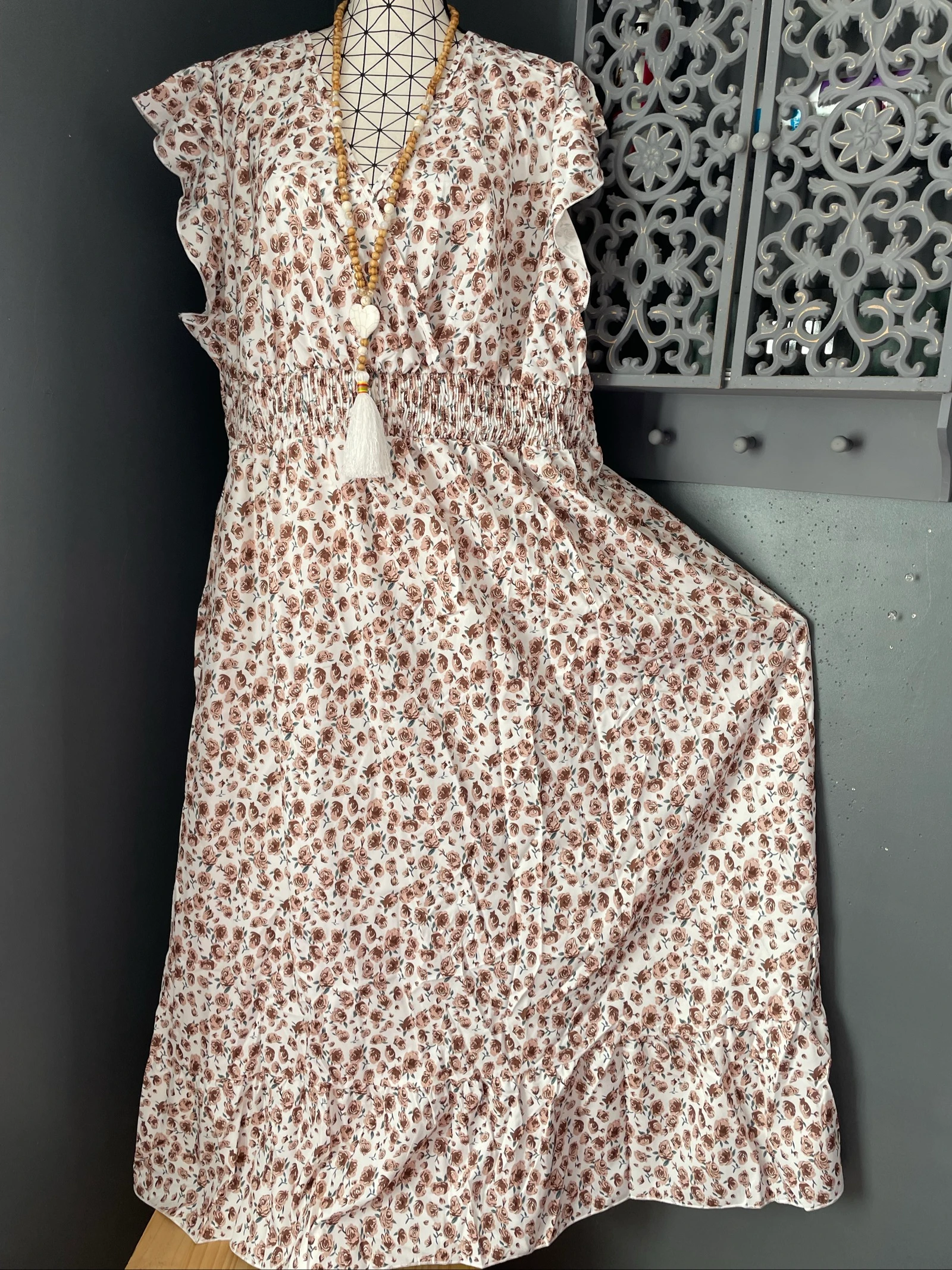 💖 vestido longo floral bege cru grande tamanho 54 fluido romântico boêmio chique 💖 – photo 2